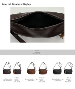 Detail view of crescent crossbody bag interior and variety of colors available
