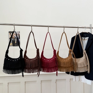 Women Retro Faux Suede Hobo Bag With Double Layer Tassels And Star Metal Rivets Bohemian Crossbody Shoulder Bag