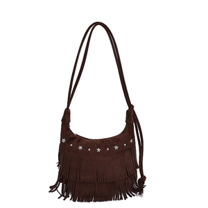 Dark brown suede crossbody bag with fringe tassels and silver star studs on white background