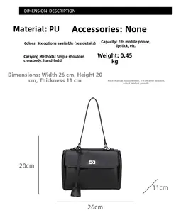 Detailed view of black PU bucket bag showing 26x20x11cm dimensions and versatile straps