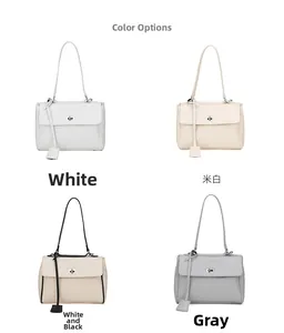 Detailed grid view of four sleek bucket bags in white, beige, grey, and bicolor designs
