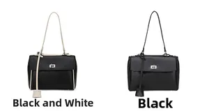 Detail view of square crossbody bags in black and black-white contrast with silver twist locks