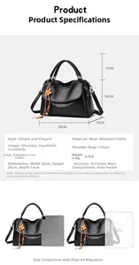 Detailed size chart for black leather Boston bag with A4 magazine and iPad comparison