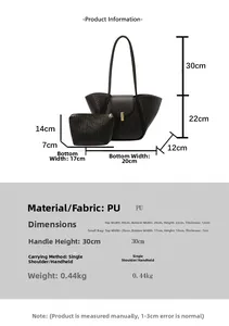 Size specifications for woven PU leather tote and matching clutch bag set for women