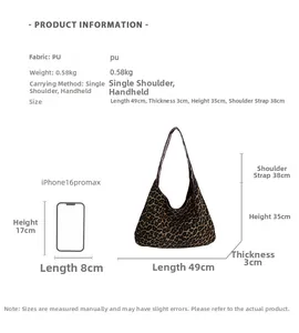 Detailed size comparison of leopard print tote bag next to a mobile phone with dimensions