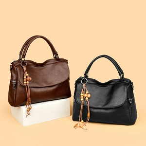 Women Vintage Litchi Pattern PU Leather Handbag With Wooden Bead Tassel Large Capacity Shoulder Crossbody Bag