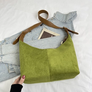 Retro patchwork green suede hobo bag with brown leather strap and bead accent