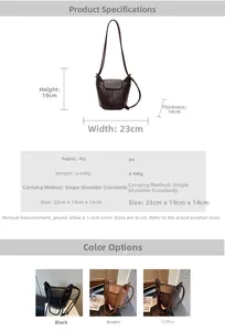 Detailed size chart and parameter table for a large capacity retro PU bucket bag