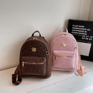 Fashion Leopard Print Backpack Suede Texture Large Capacity Casual Travel Daypack Retro Chic Gold Hardware For Women