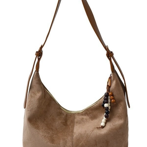 Minimalist large brown suede shoulder bag with beaded charm and adjustable strap