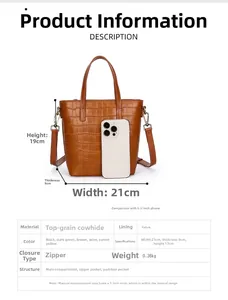 Detail view of brown crocodile texture leather bag with dimensions and phone size comparison