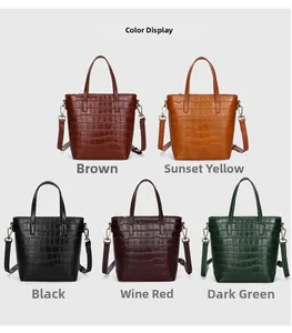 Detailed color display of crocodile embossed leather bucket bags in five stylish shades