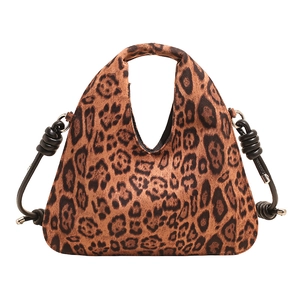 Retro leopard print tote bag with black twisted rope handles and minimalist triangular design