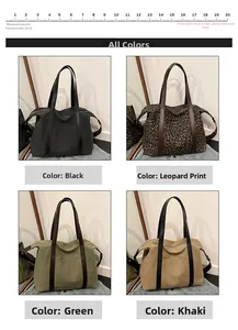 Four colors of canvas tote bags including leopard print, black, green and khaki options