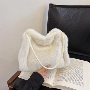 Minimalist white faux fur large shoulder bag with soft plush texture for women