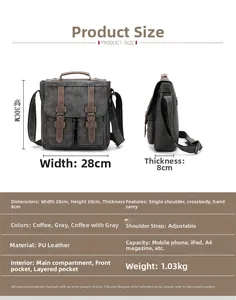 Detailed size chart and specifications for the PU leather crossbody briefcase bag