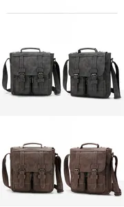 Detail showing the adjustable shoulder strap and dual front pockets of the vintage messenger bag