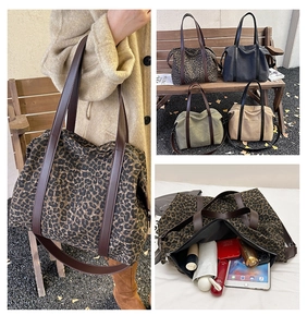 Detail view showing large capacity leopard print tote bag interior and four color options