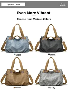 Detail showing high-capacity canvas tote bags in blue, black, brown, and grey options