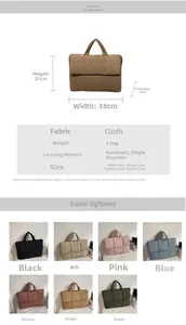 Quilted handbag specifications showing 38x27x3cm dimensions and seven available color options