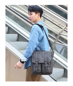 Men's dark gray retro shoulder bag with dual buckle pockets in urban street style