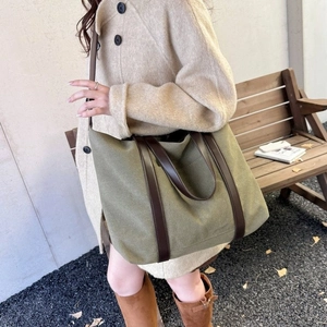 Large capacity vintage military green canvas tote bag with brown leather handles