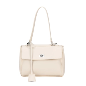 Chic beige bucket shoulder bag with silver twist lock and minimalist flap design