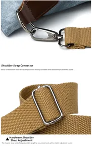 Detail of silver metal buckles and adjustable canvas strap on a stylish shoulder bag
