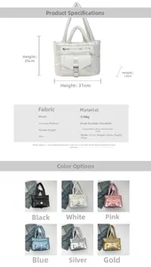 Guide des tailles détaillé et options de couleurs pour sacs à bandoulière matelassés