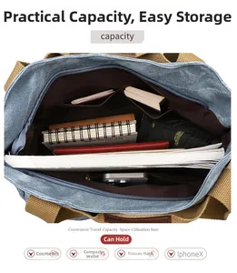 Interior view showing large storage capacity of the blue canvas tote bag with pockets