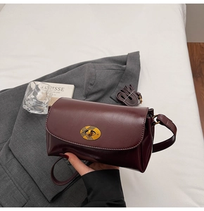 Detail of burgundy leather square bag with gold metal buckle and detachable shoulder strap