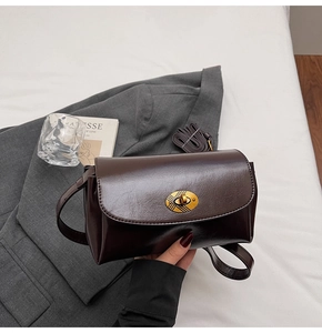 Detail of vintage brown leather bag featuring glossy finish and gold oval metal clasp