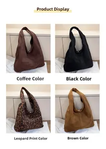 Detail view of suede tote bags in coffee, black, leopard print, and brown colors