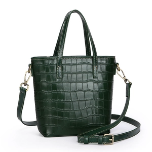 Dark green crocodile pattern bucket bag with double handles and adjustable shoulder strap