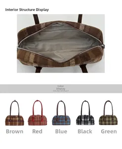 Detail of plush plaid handbag interior structure and five color options display