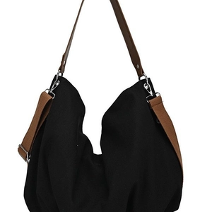 Retro black canvas hobo bag with brown shoulder straps and a large capacity minimalist design