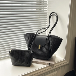 Retro black woven leather tote bag set with matching pouch and golden buckle detail