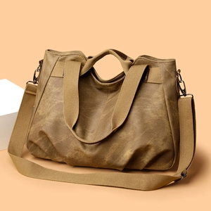 Retro khaki canvas tote bag with large capacity and adjustable shoulder strap for women