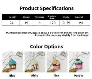 Size chart showing 24x19x5cm dimensions for cupcake shaped PU leather crossbody bag