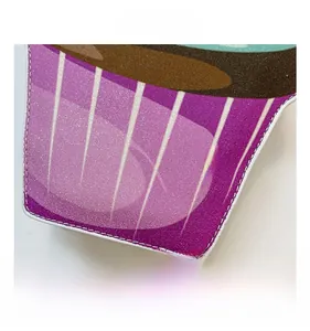 Detail of purple and white striped glitter fabric with neat stitching on shoulder bag