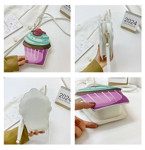 Detail views of cupcake-shaped crossbody bag with purple base and teal cream top