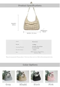 Detailed view of quilted half-moon shoulder bag fabric and adjustable strap dimensions