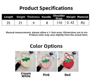 Size guide for strawberry-shaped PU leather handbags in white, pink, and red options