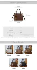 Detailed size chart and specifications for the large capacity PU leather tote bag
