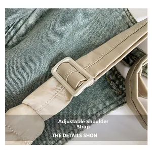 Close-up of adjustable quilted shoulder strap with plastic buckle on a stylish bag