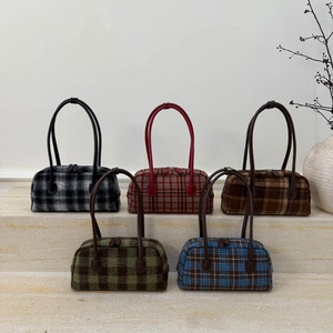 Retro Plaid Handbag Women Vintage Woolen Tweed Underarm Shoulder Bag Minimalist Autumn Winter PU Leather Handles