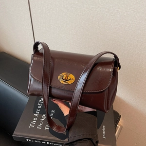 Vintage dark brown crossbody bag with gold oval twist lock and glossy leather finish
