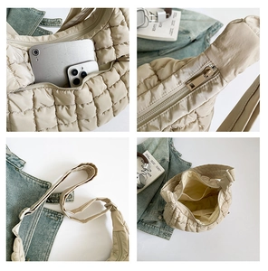 Detailed views of beige quilted bubble bag with multiple pockets and zippers