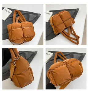 Vues détaillées du sac cabas matelassé caramel avec bandoulière et poignées rembourrées