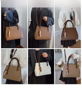 Detail shots of various color options and styling of the leather tote bag with tassel